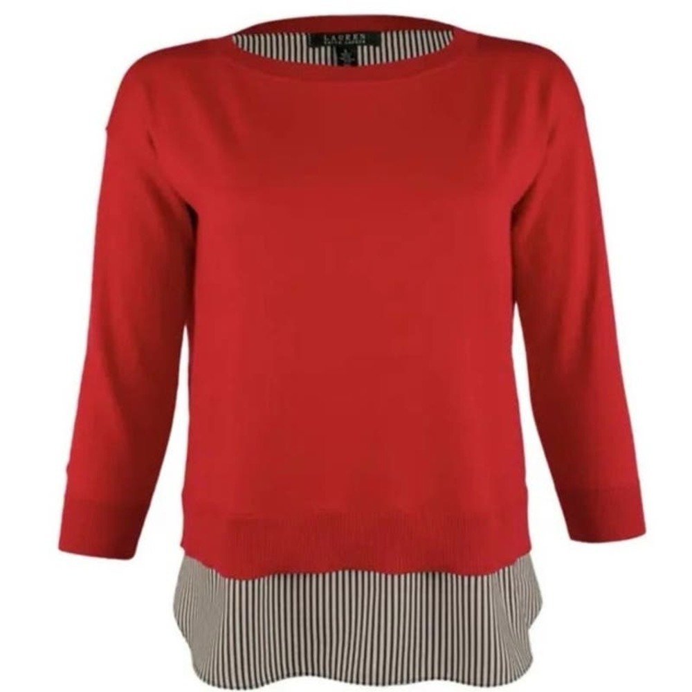 Lauren Ralph Lauren‎ Layered Mix Media Sweater, Striped Tail size Small Petite